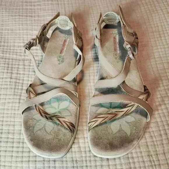 Skechers Women's Reggae Slim Vacay Sandals Taupe Aqua Tan Size 10 Memory Foam - Picture 2 of 7